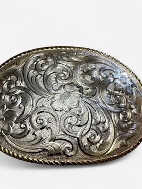 Men's Silver Floral Engraved Belt Buckle - Classic Western Style